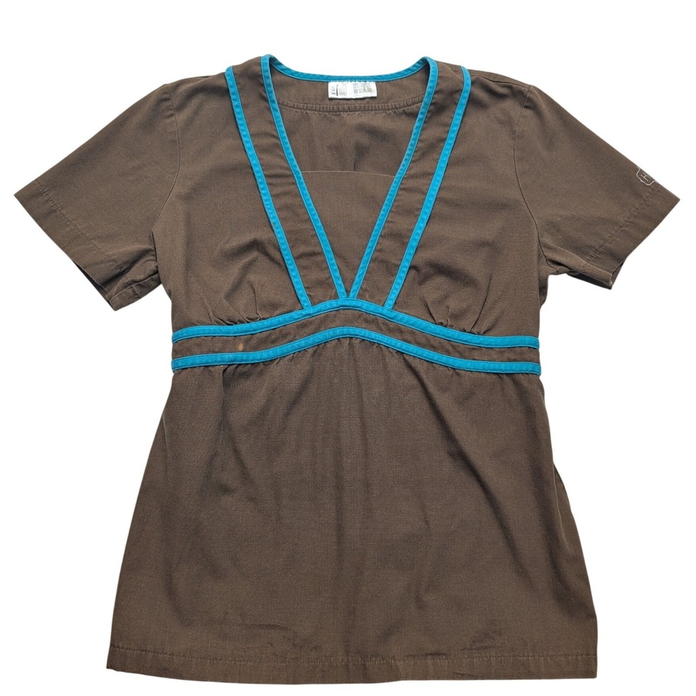 Y2K Blue Star Scrub Top Womens Small 4/6 Empire Waist Smocked V-Neck